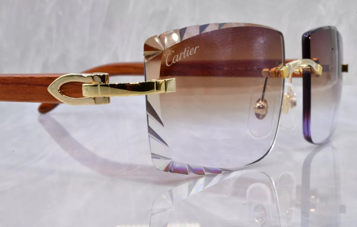 Pre-Owned Wood Frame Diamond Cut Sunglasses Brown Gradient