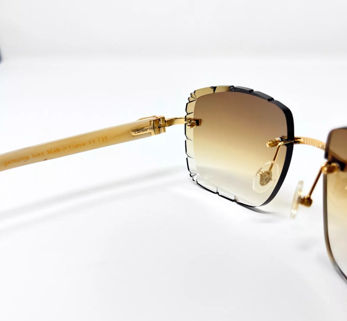 Pre-Owned Cartier Buffalo Horn White Diamond Cut Sunglasses Tan Gradient