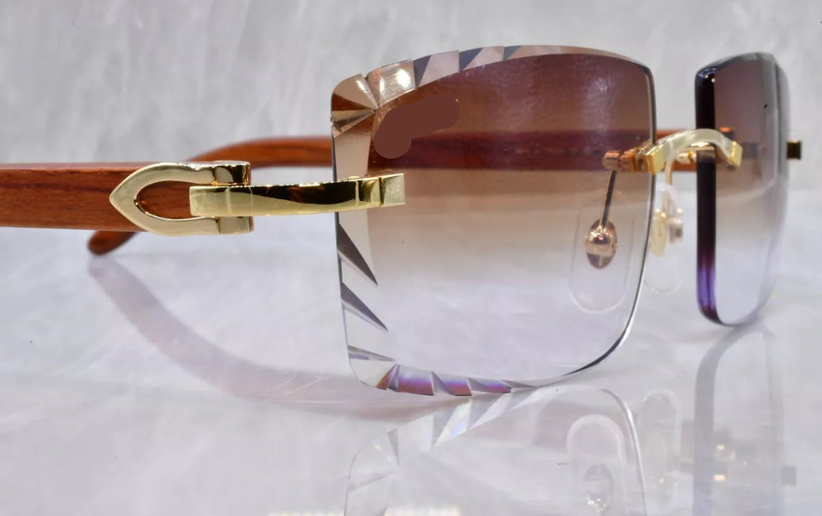 Pre-Owned Wood Frame Diamond Cut Sunglasses Brown Gradient